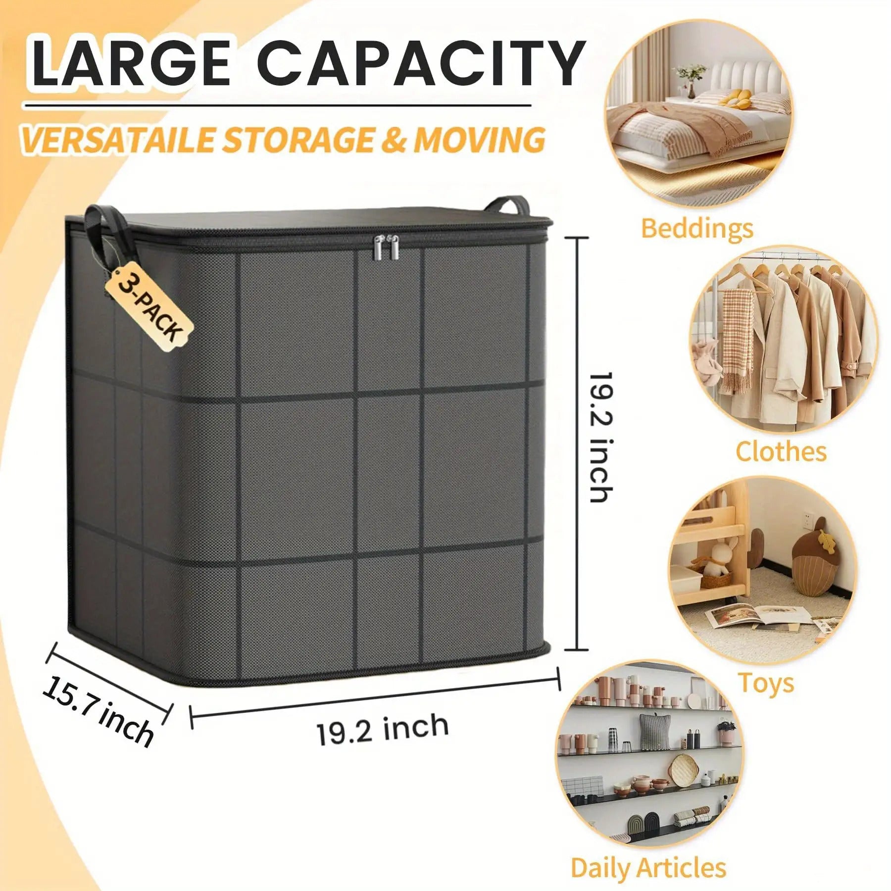 3-Pack Large Clothing Storage Bags - Thickened Foldable Wardrobe Organizer Bags with Reinforced Handles And Zipper Closure, Space-Saving Storage Bags for Clothes And Bedding, Suitable for Wardrobes, Under Beds, Moving, Home Organization, Design